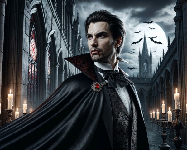 Mysterious Figure in Gothic Castle with Dark Elegance