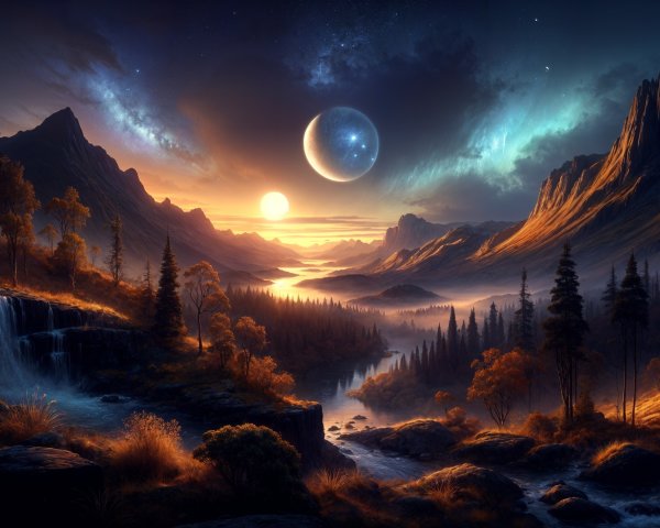 Cascading Waterfalls and Twilight Mountains Landscape