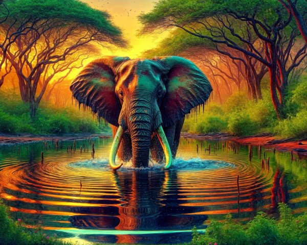 Elephant by Water at Sunset in Lush Greenery