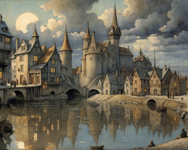 Medieval Town Under Full Moon with Serene River