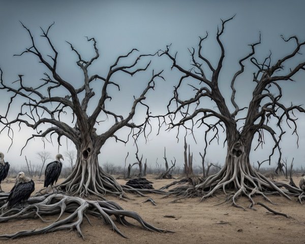 Desolate Landscape with Twisted Trees and Ominous Sky
