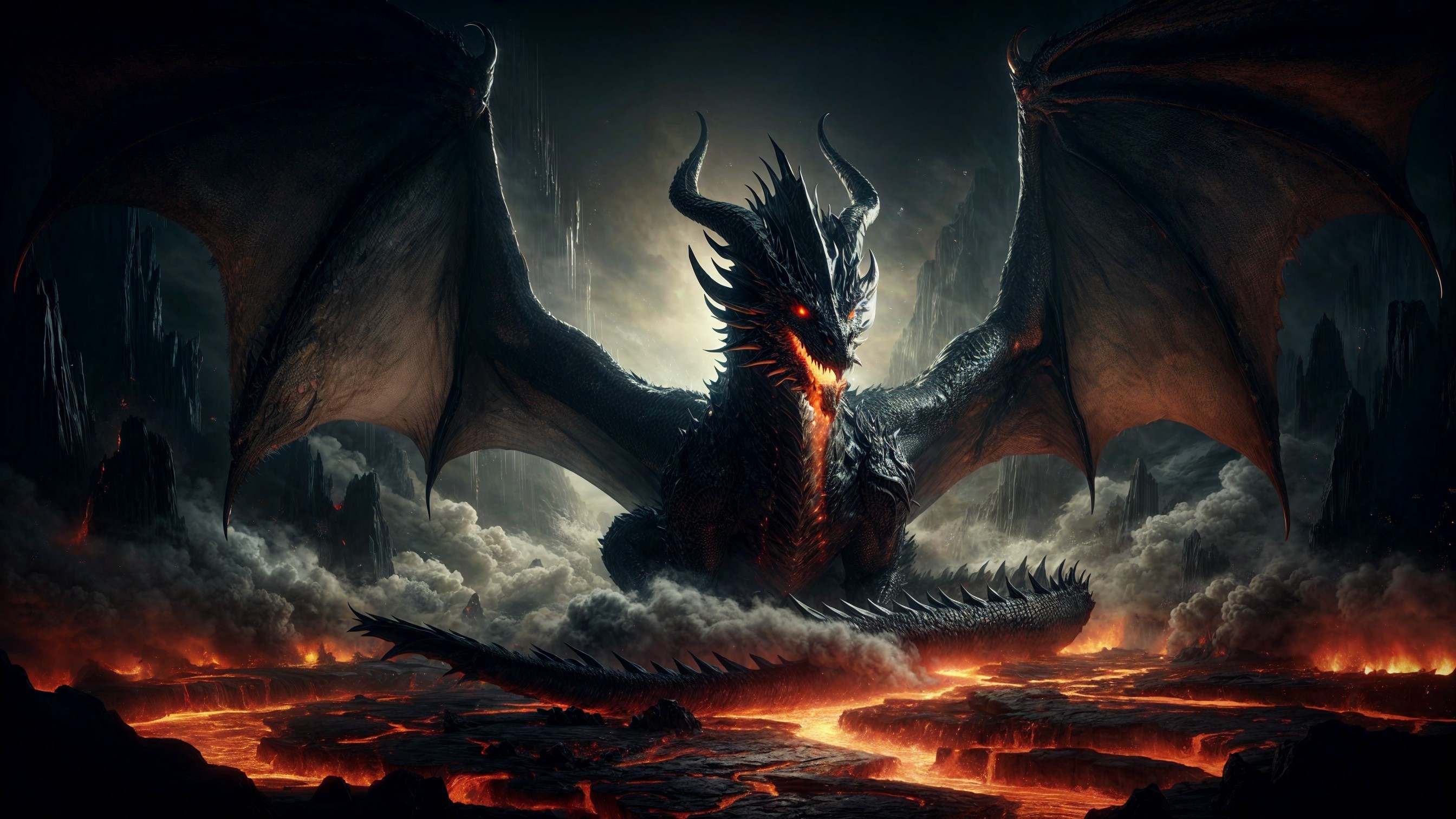 Fierce dragon with glowing lava and ominous clouds