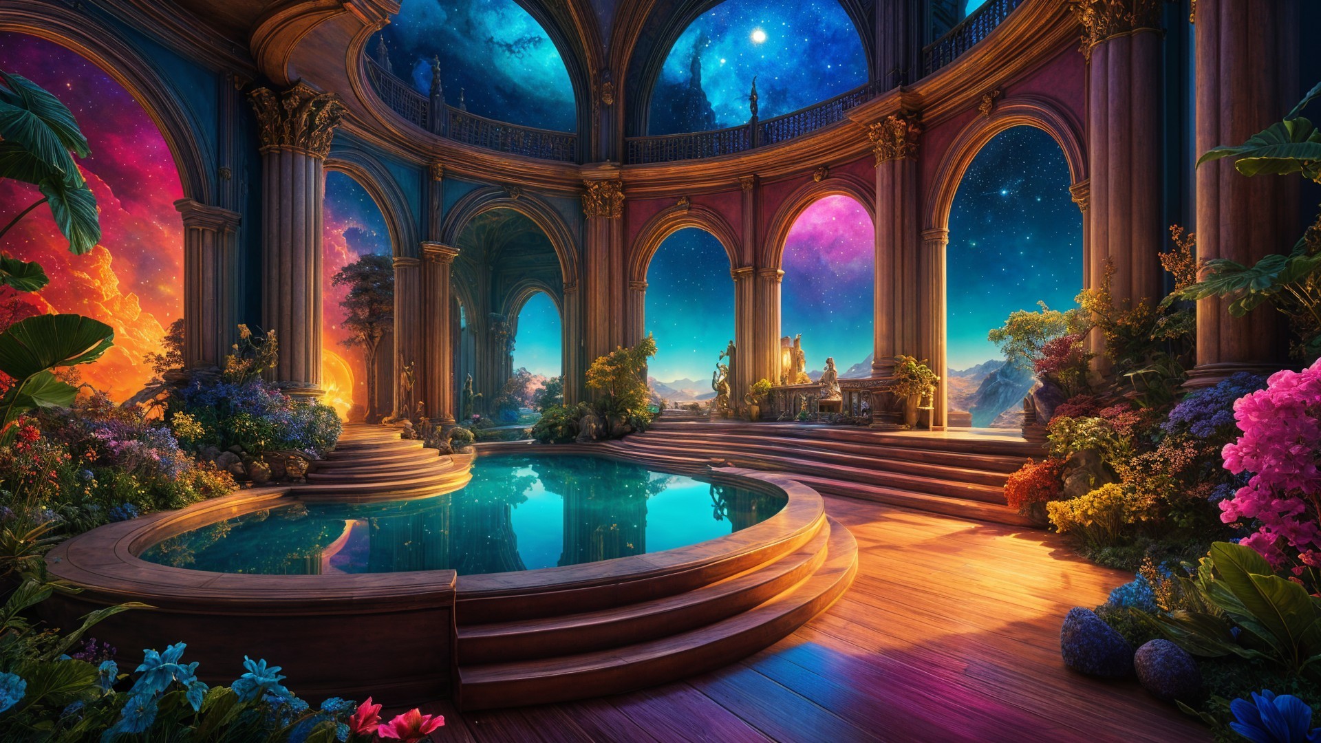 Opulent Hall Overlooking a Tranquil Pool at Sunset