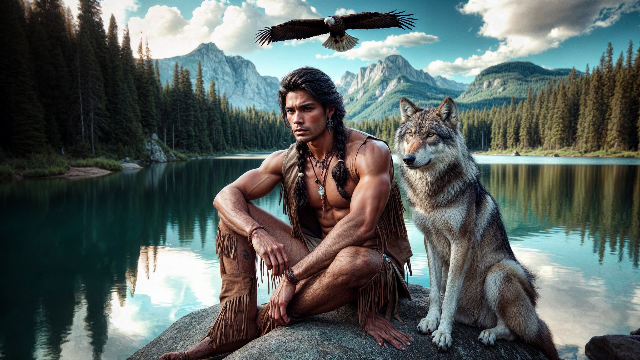 Muscular Man and Wolf by Serene Lake with Mountains