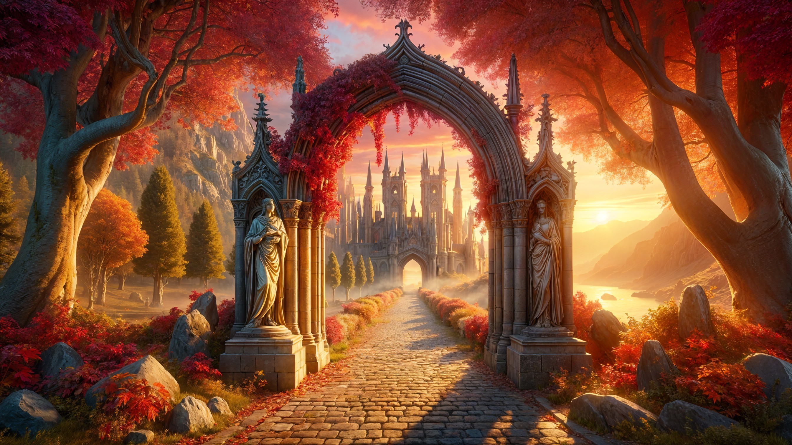 Grand Archway with Stone Statues and Autumn Foliage