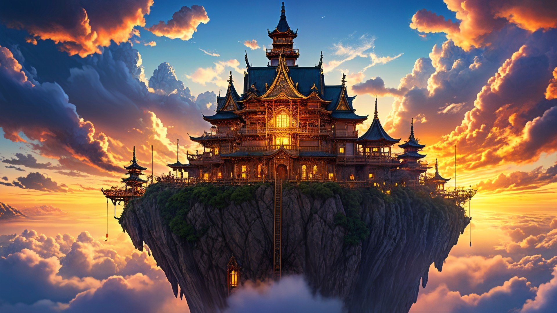 Majestic Floating Palace on a Rugged Cliff at Sunset
