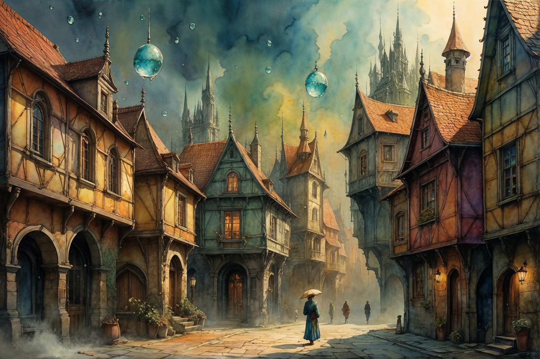 Charming Medieval Village with Floating Orbs and Mist
