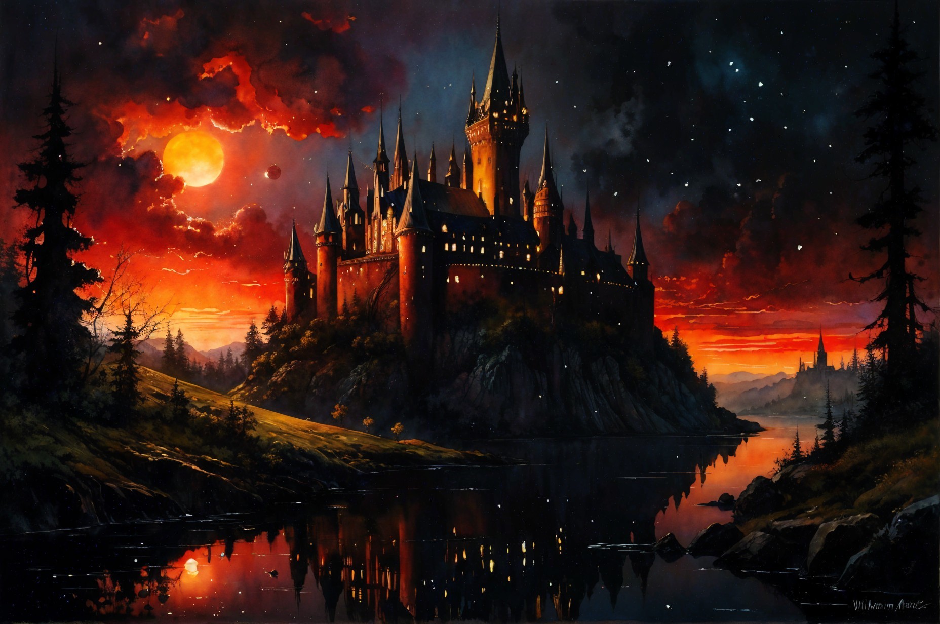 Castle on a Hill Under Sunset and Twilight Sky