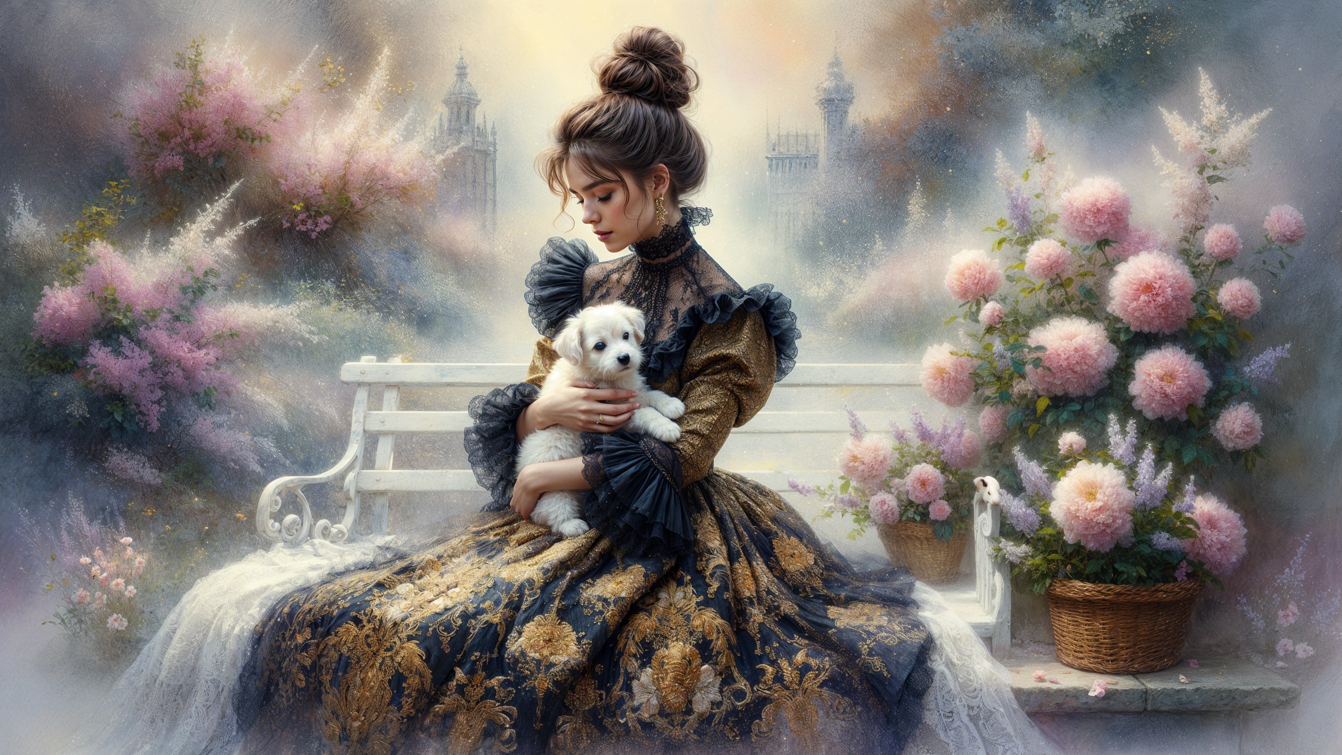 Vintage Gown and Puppy in a Serene Garden Setting