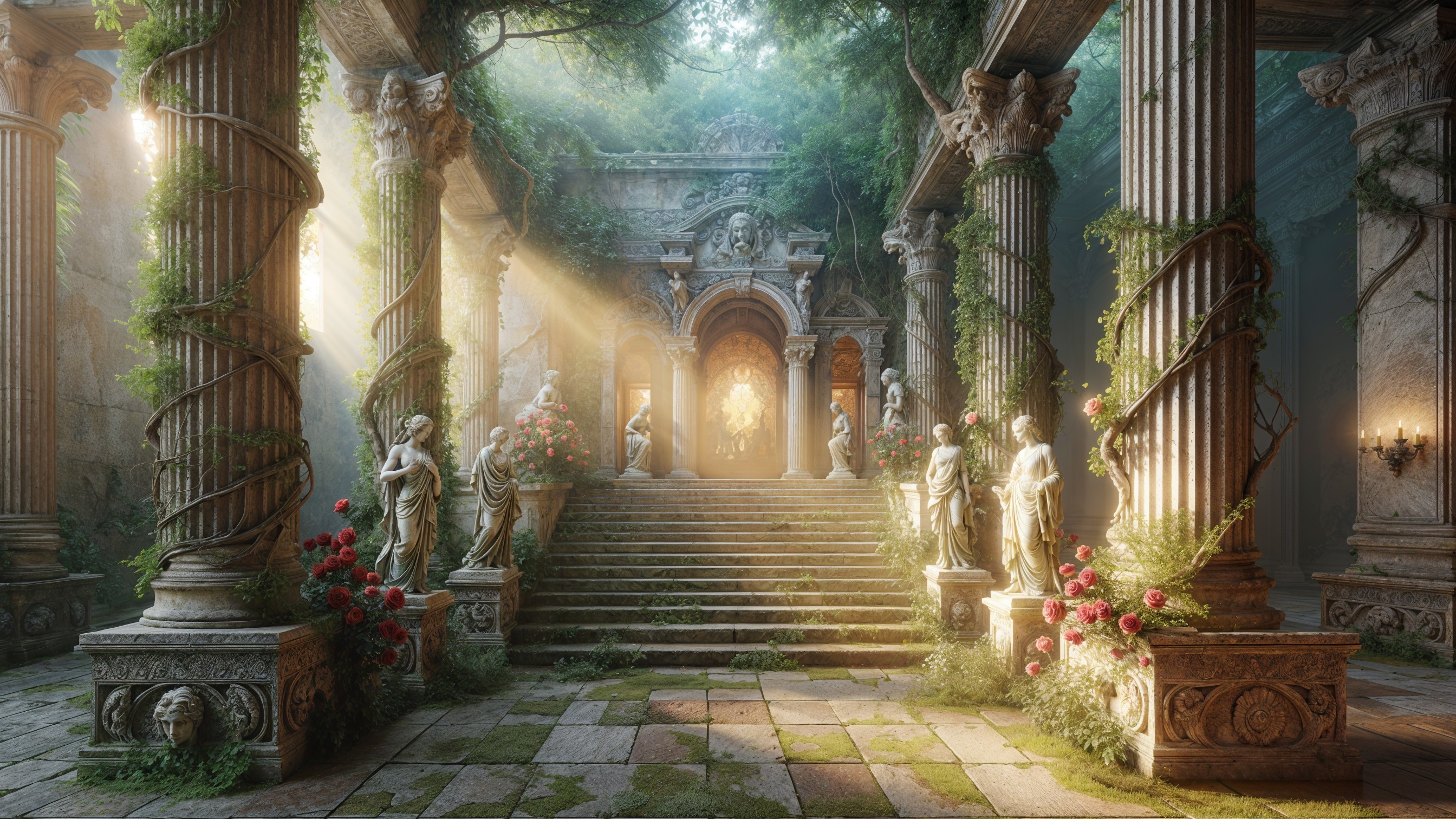 Overgrown courtyard with carved columns and statues