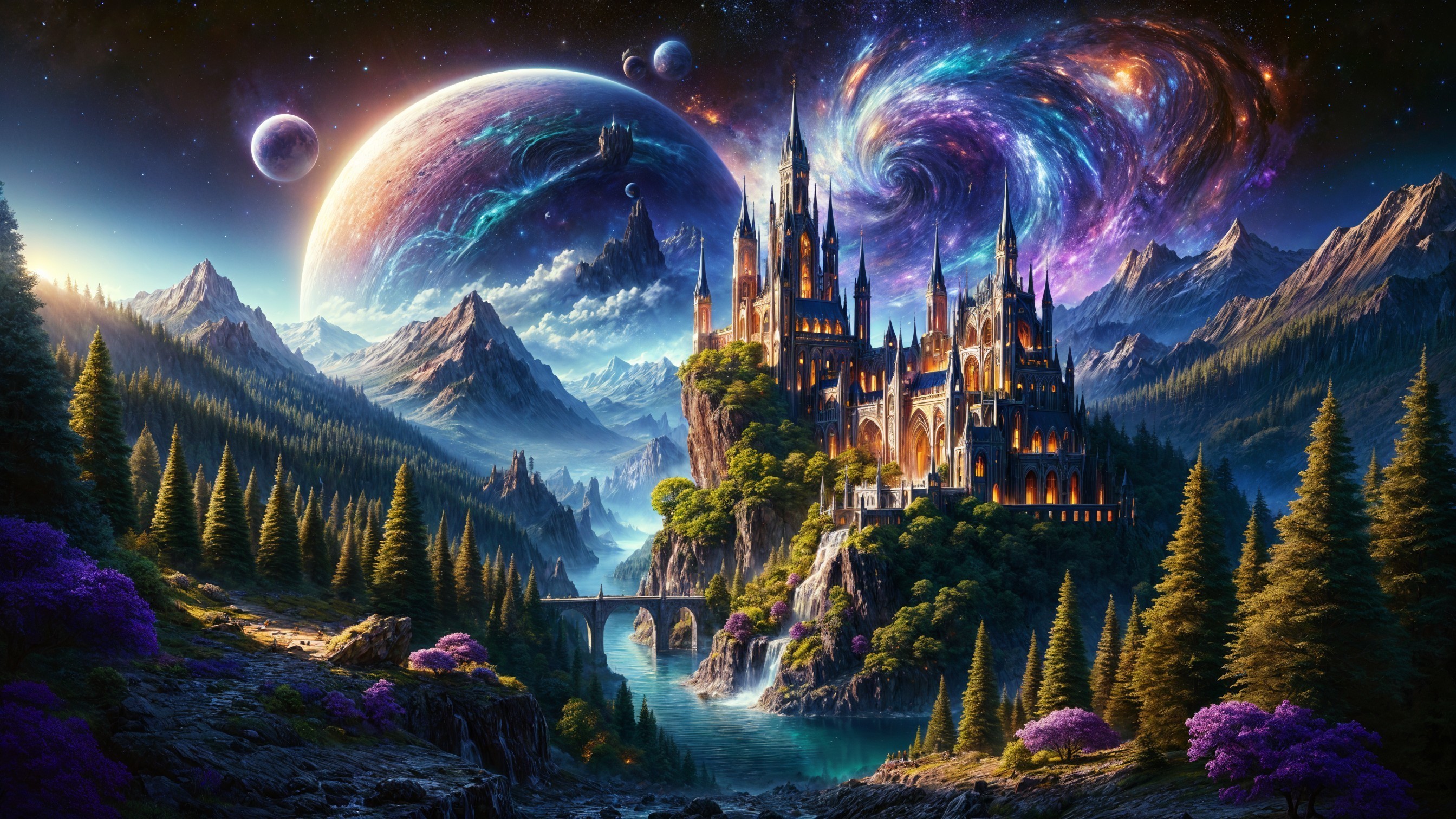 Majestic castle on a hillside with cosmic backdrop