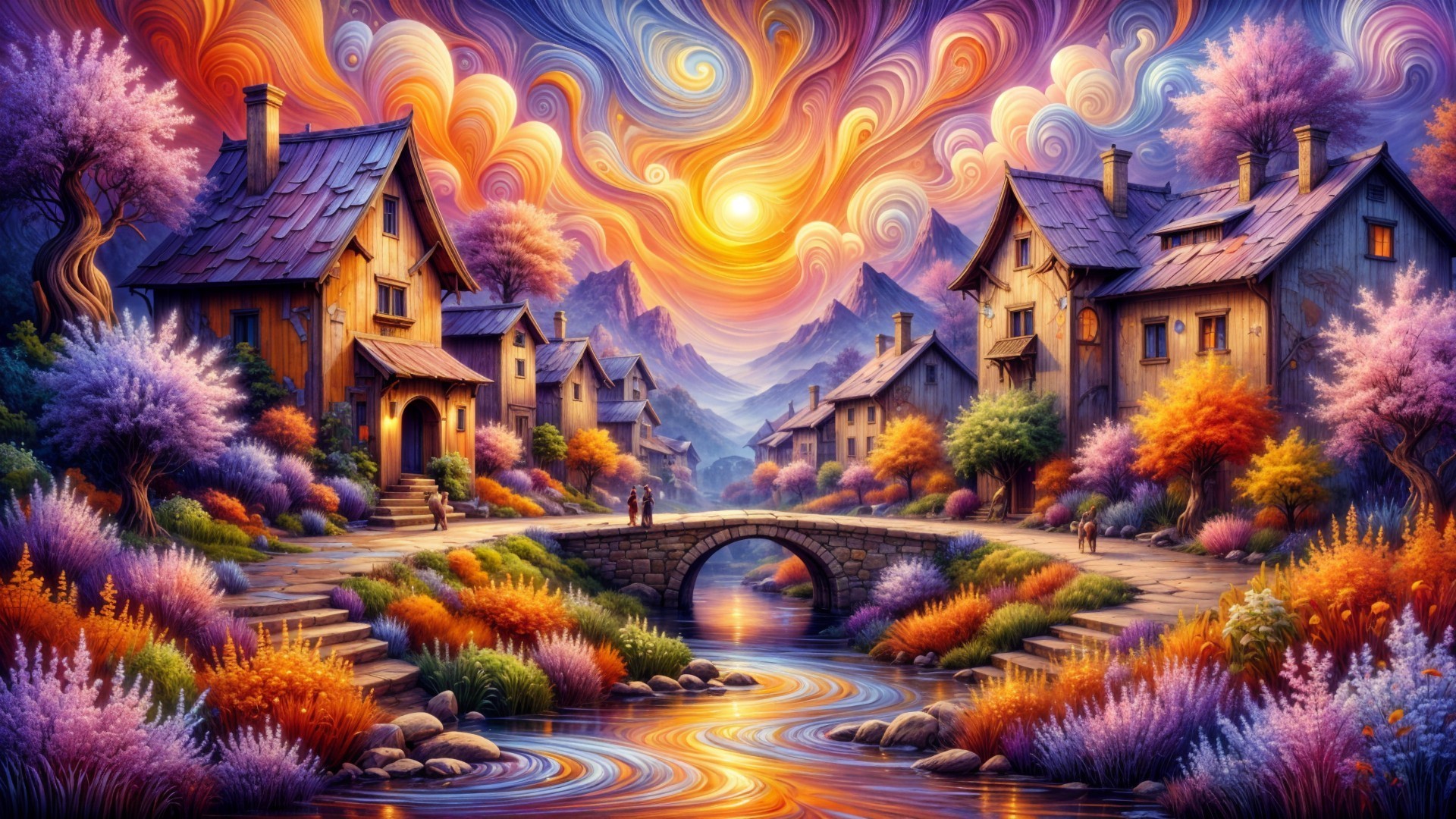 Whimsical Village Surrounded by Lush Mountains