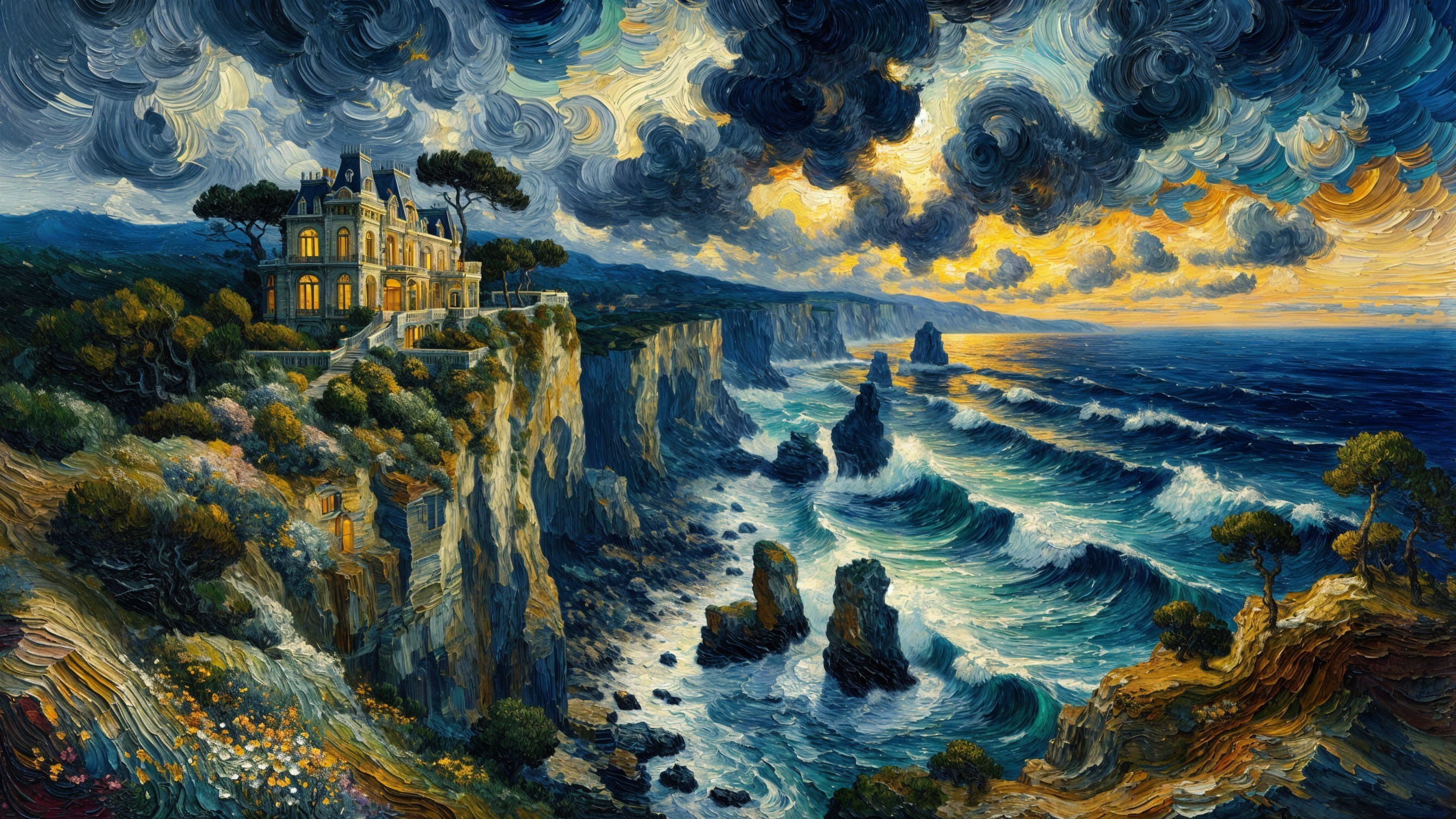 Dramatic Coastal Scene with Mansion and Sunset Glow