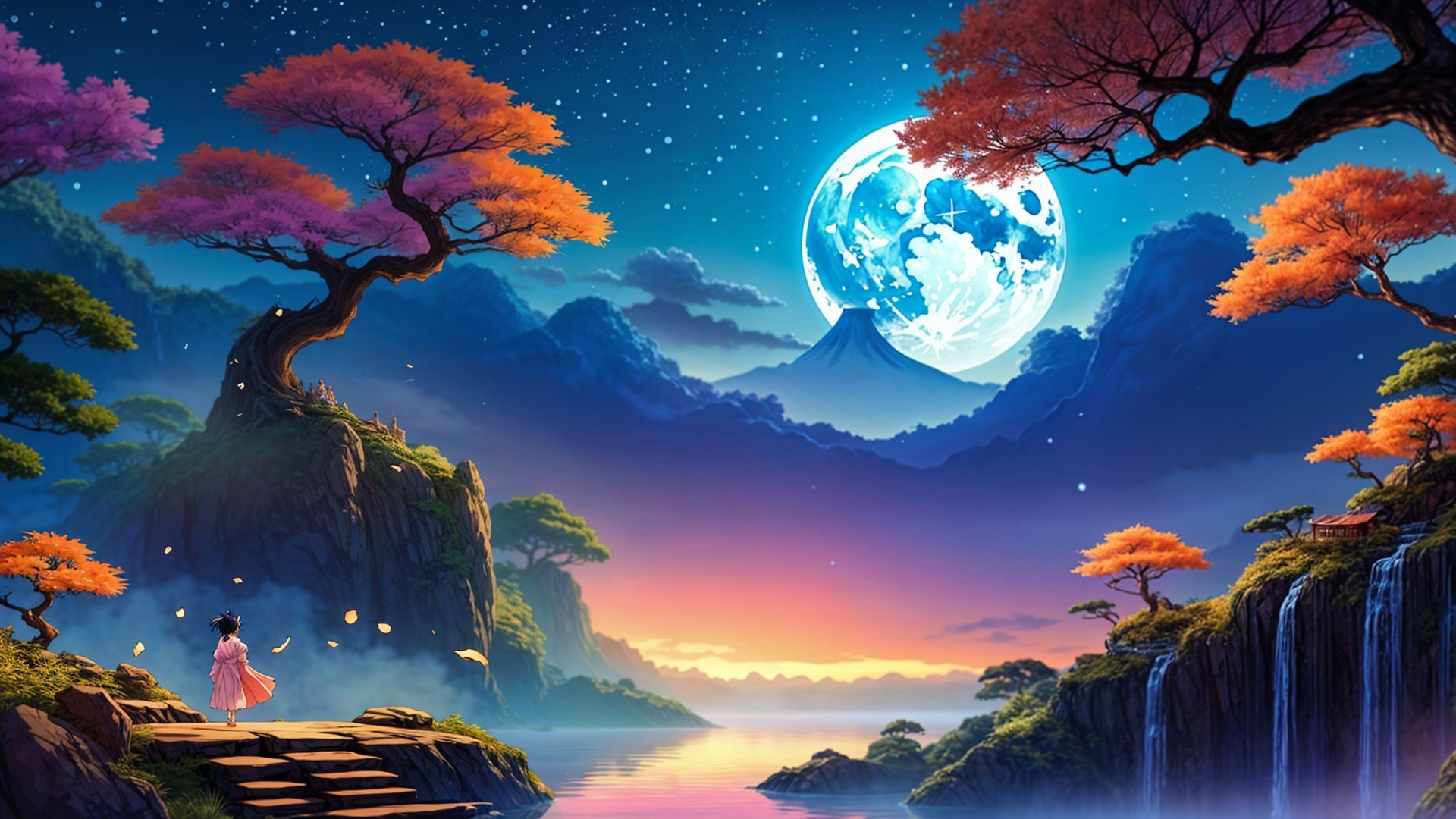 Twilight Landscape with Young Girl and Autumn Trees