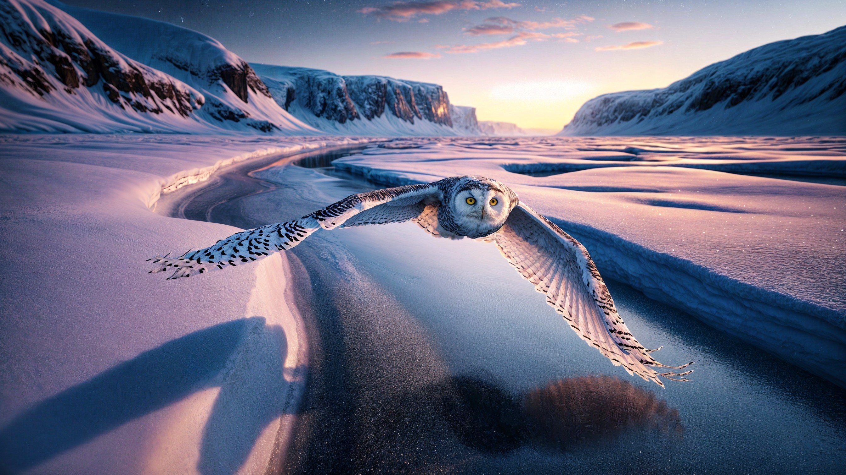 Owl in Flight Over Icy Landscape at Twilight
