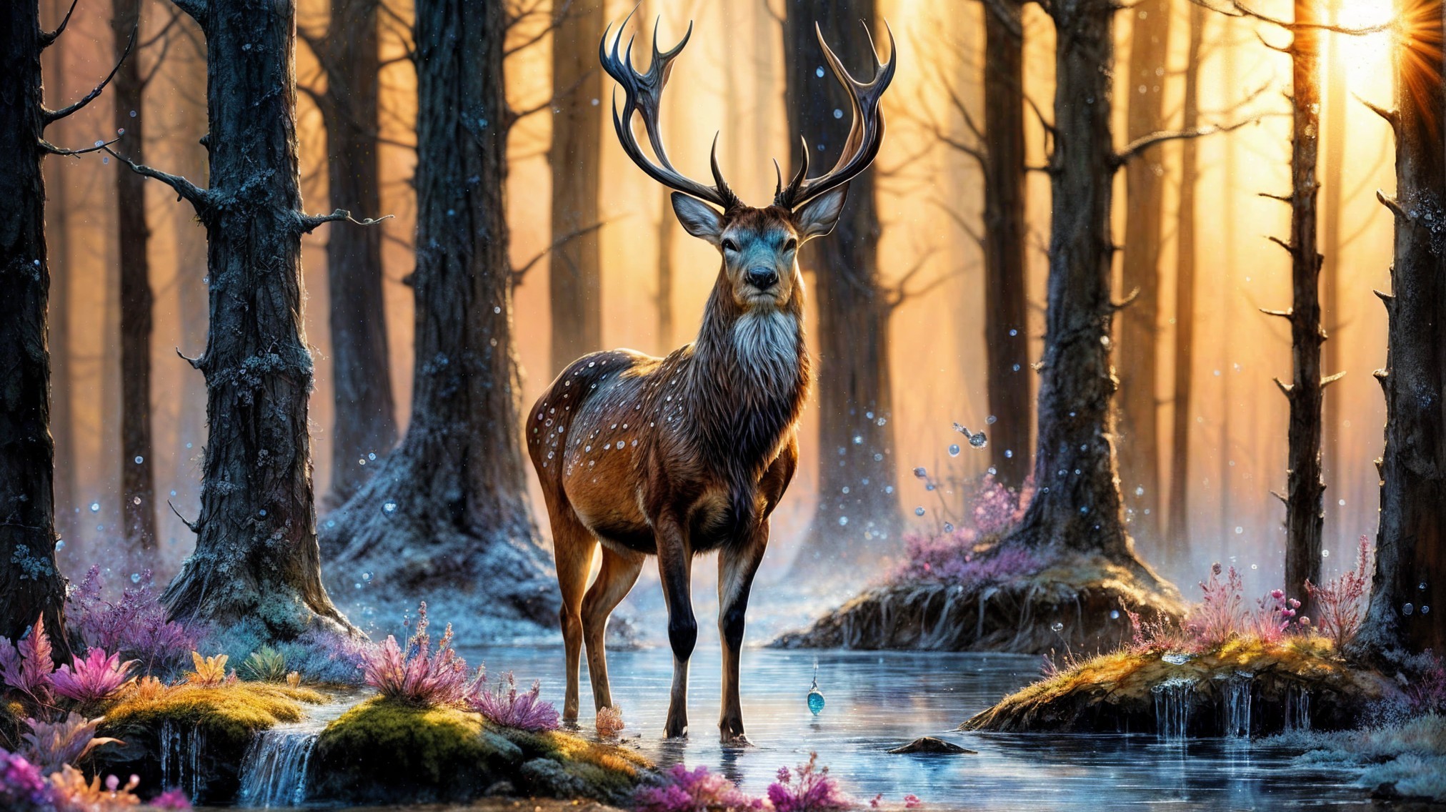 Majestic stag in misty forest with serene pool
