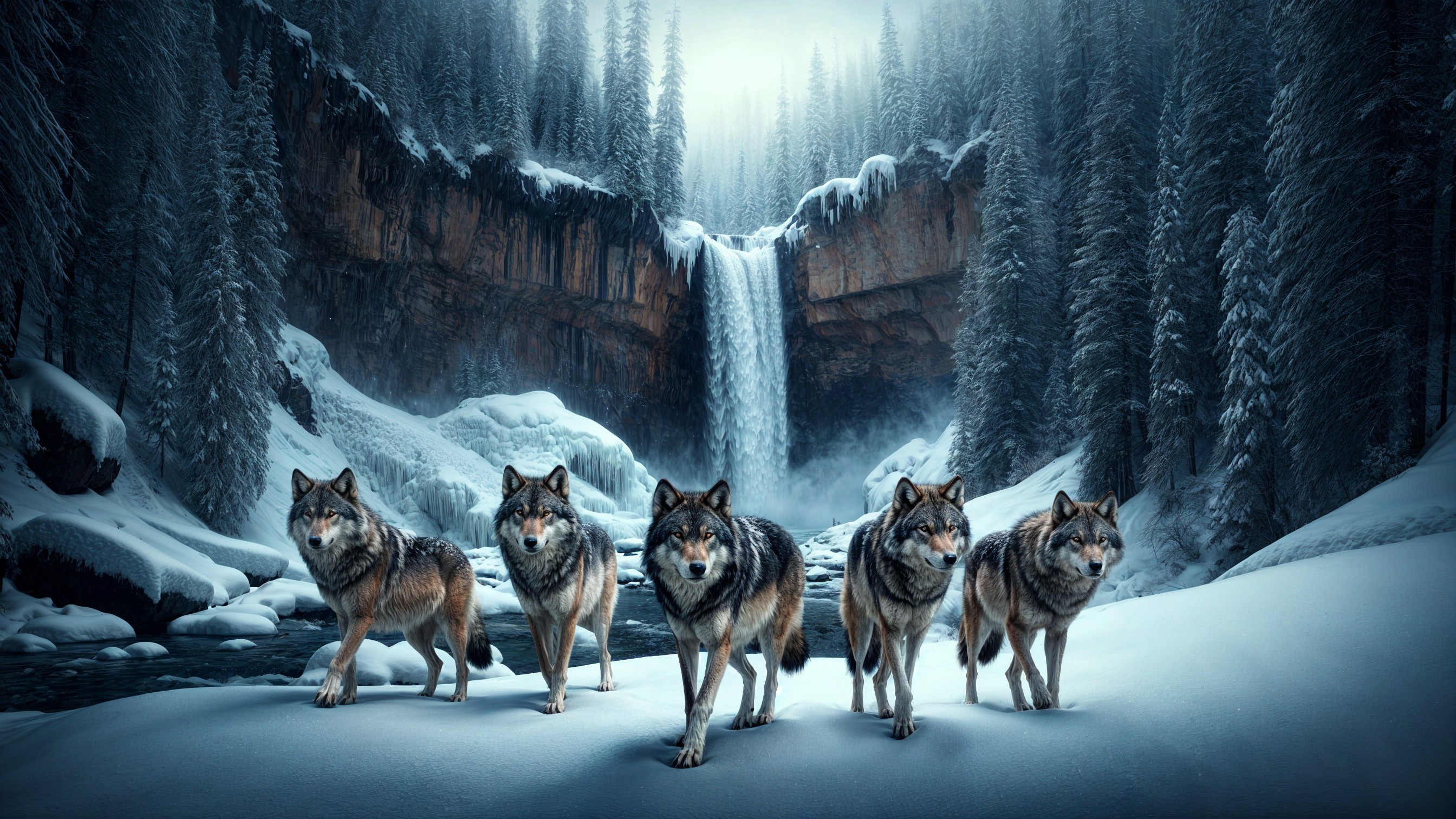 Wolves in a Snowy Landscape with Evergreen Trees