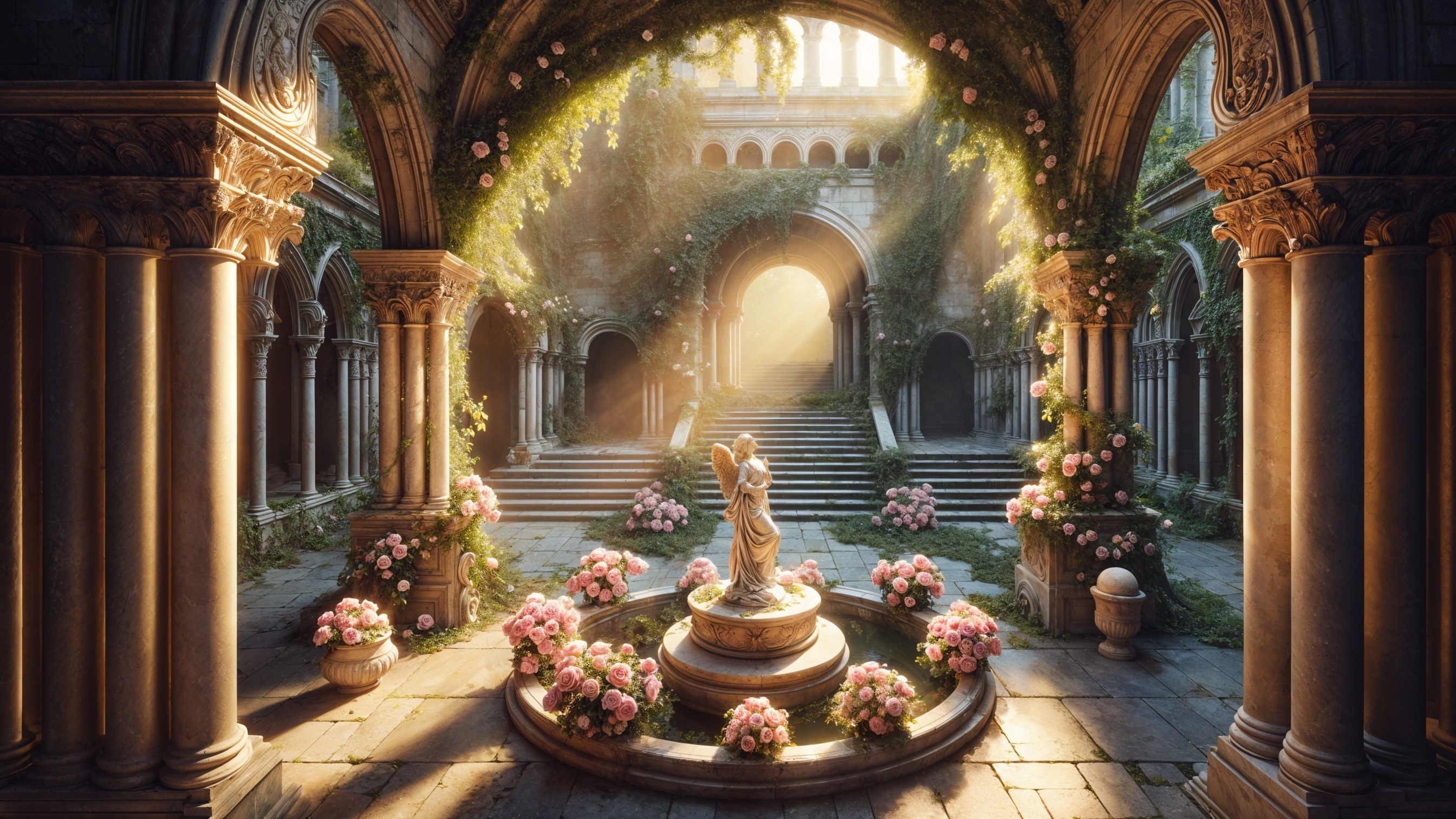 Sunlit Courtyard with Fountain and Lush Greenery