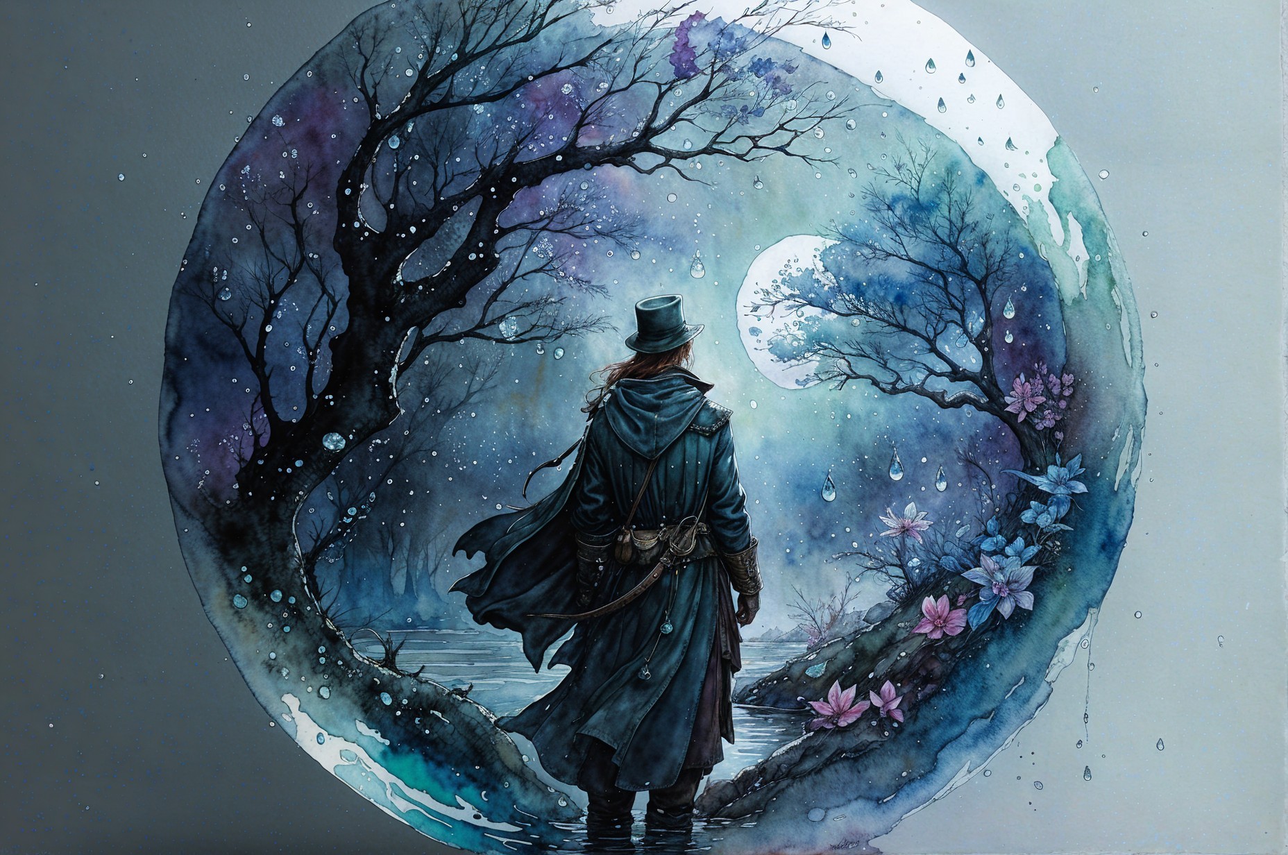 Mysterious Figure by Moonlit Pond with Watercolor Effects