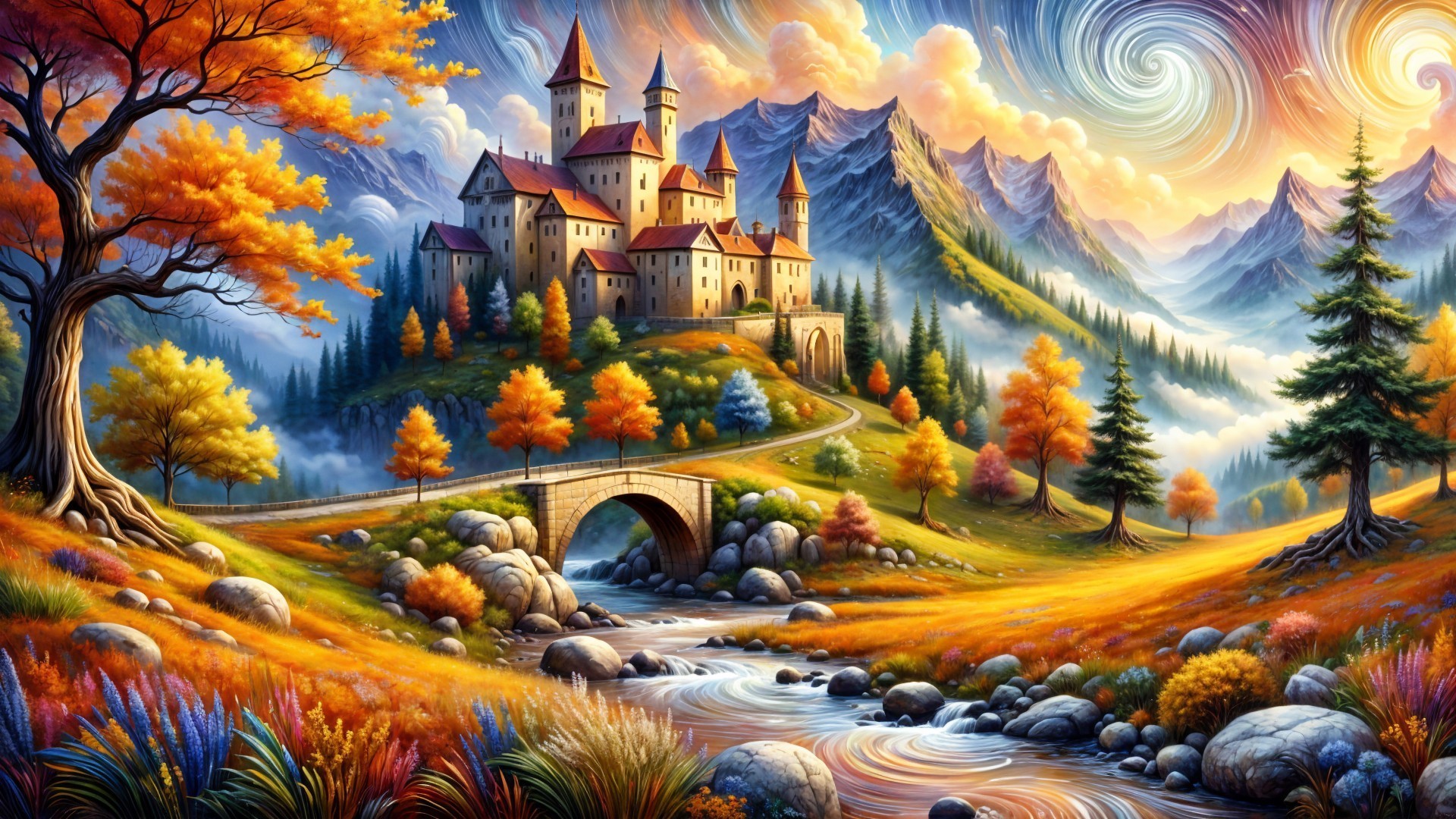 Vibrant Castle Landscape with Autumn Foliage and River