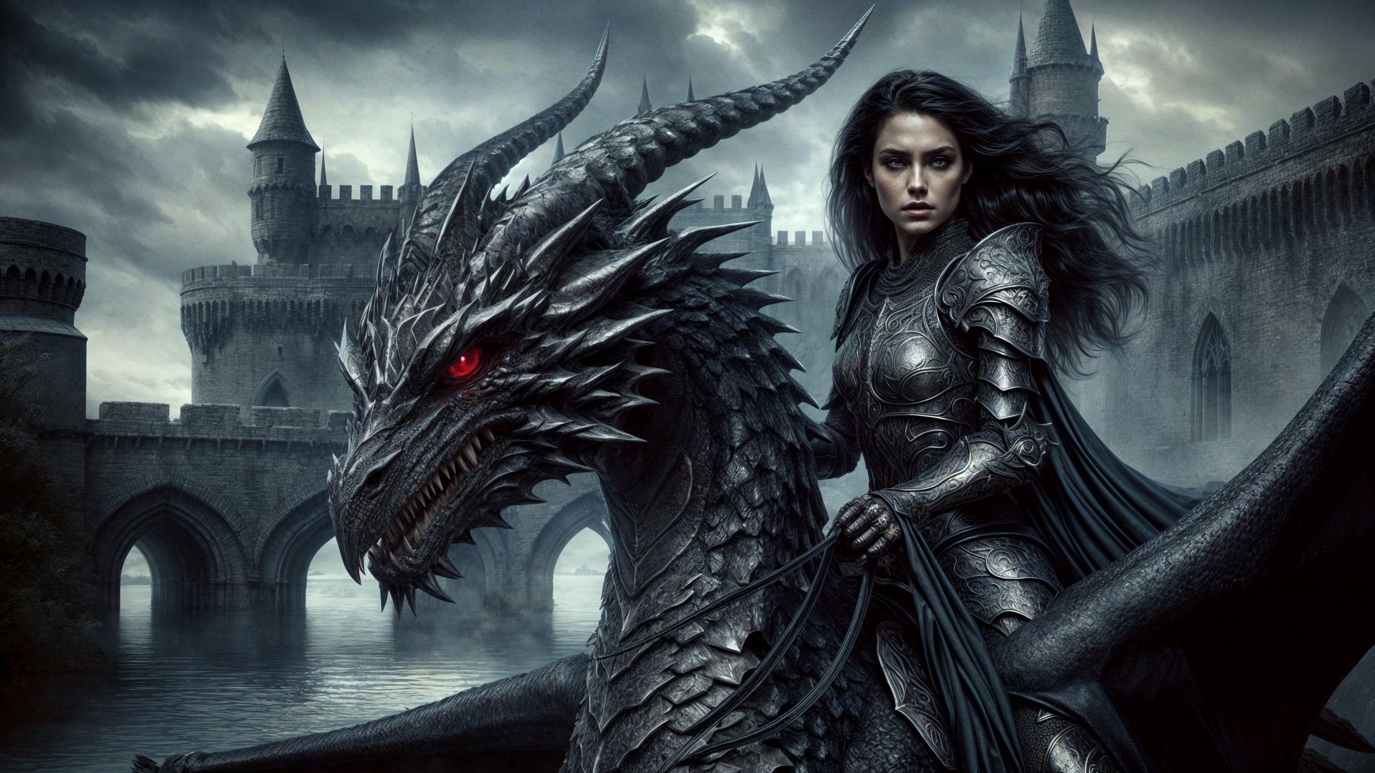 Fierce warrior woman on black dragon in epic fantasy setting