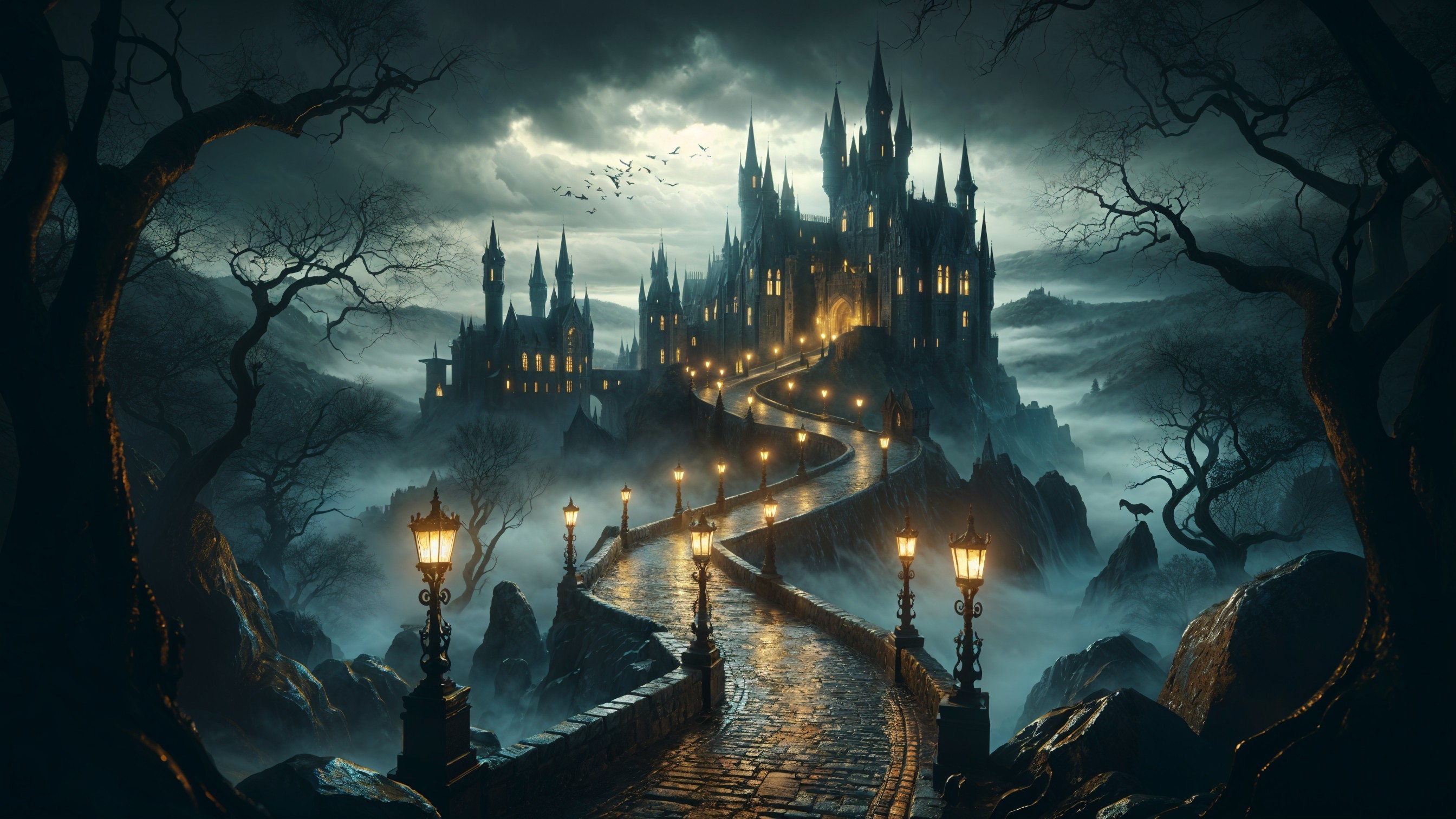 Dark Atmospheric Landscape with Towering Castle and Mist