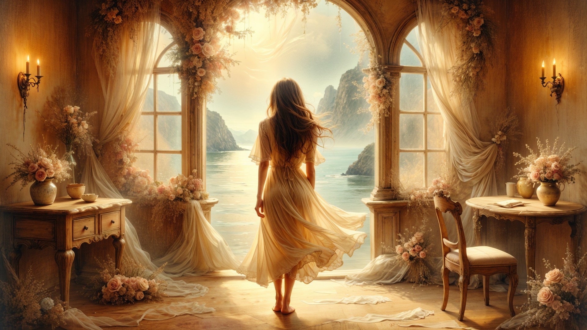 Serene Room with Young Woman and Tranquil Lake View