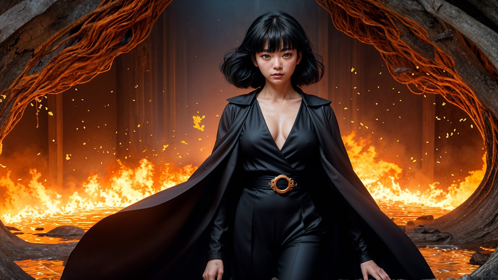 Figure in Black Outfit Against Fiery Background