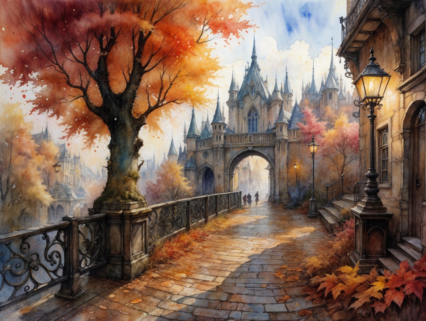 Fantasy Street with Autumn Leaves and Majestic Castle