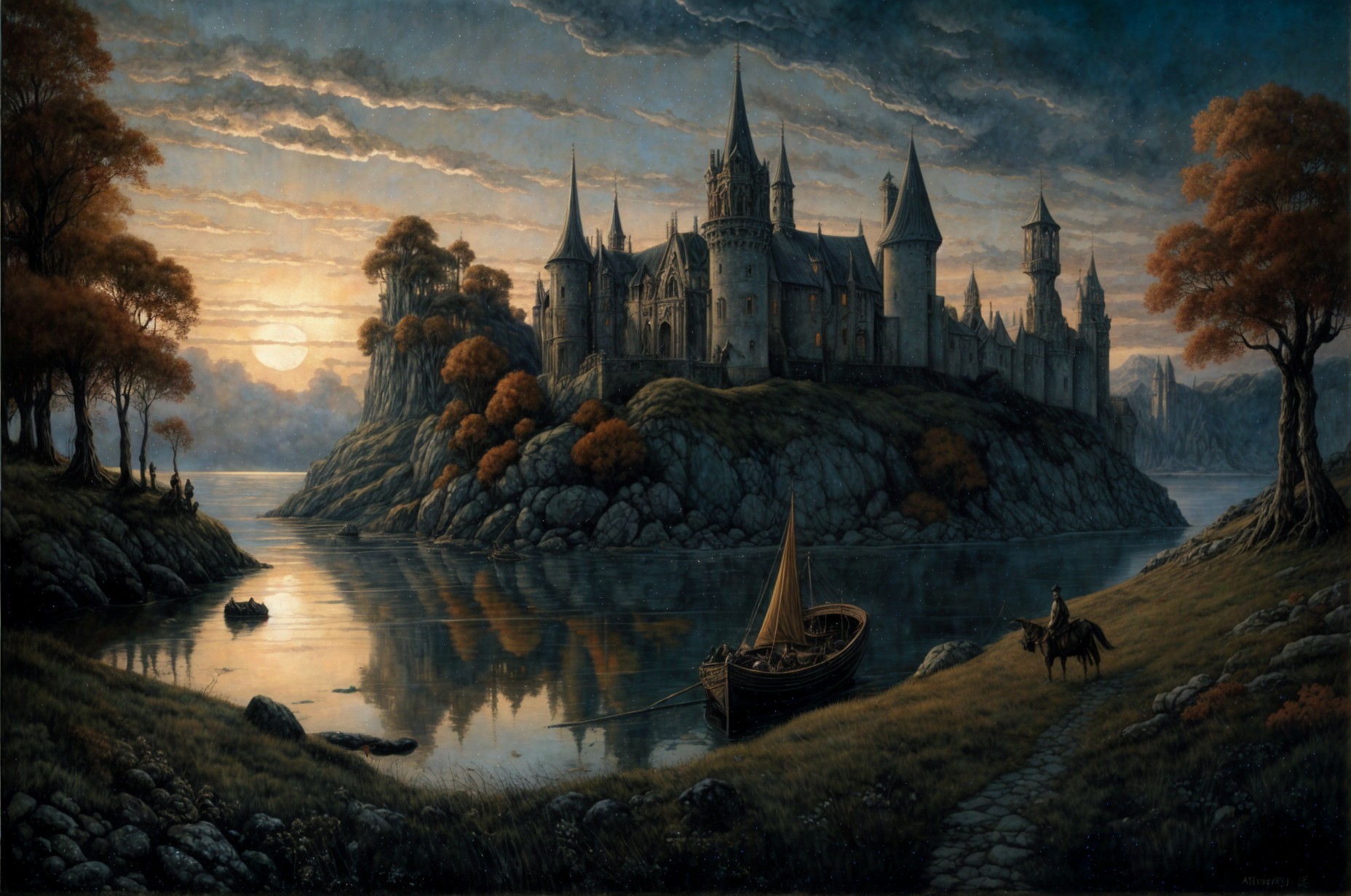 Castle on Rocky Island at Sunset with Autumn Trees