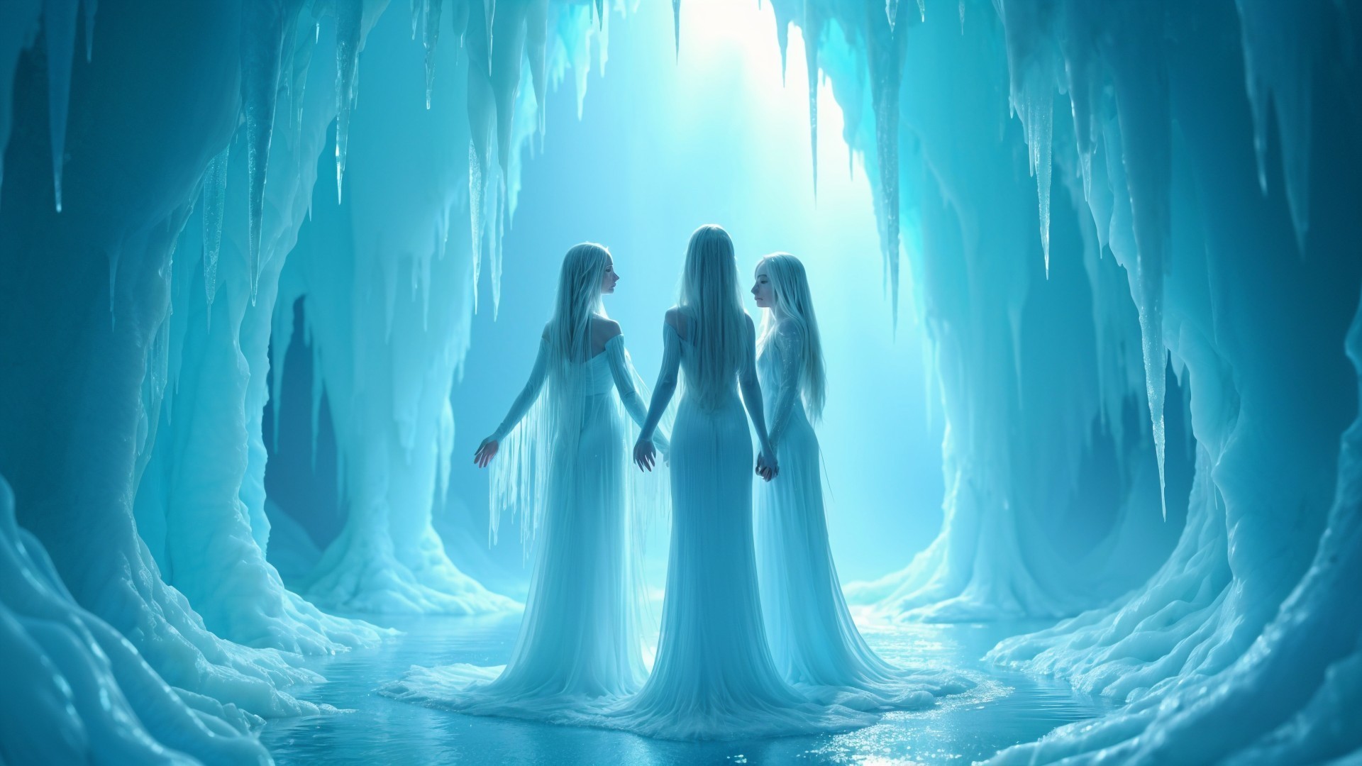 Ethereal Figures in a Mystical Ice Cave Scene