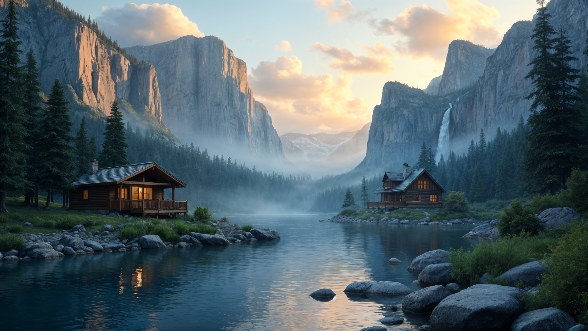 Serene Landscape with Cabins by a Tranquil River