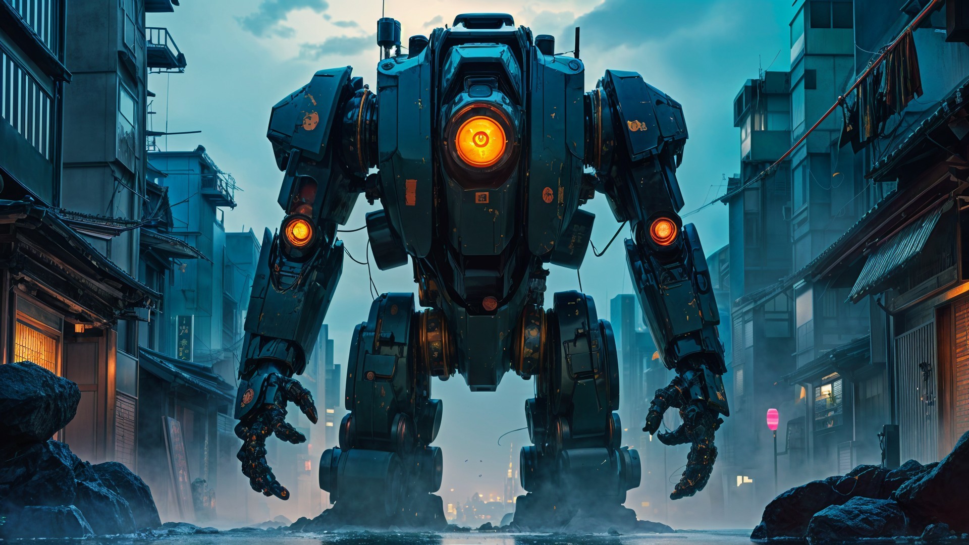 Towering Robot in Dimly Lit Urban Street Scene