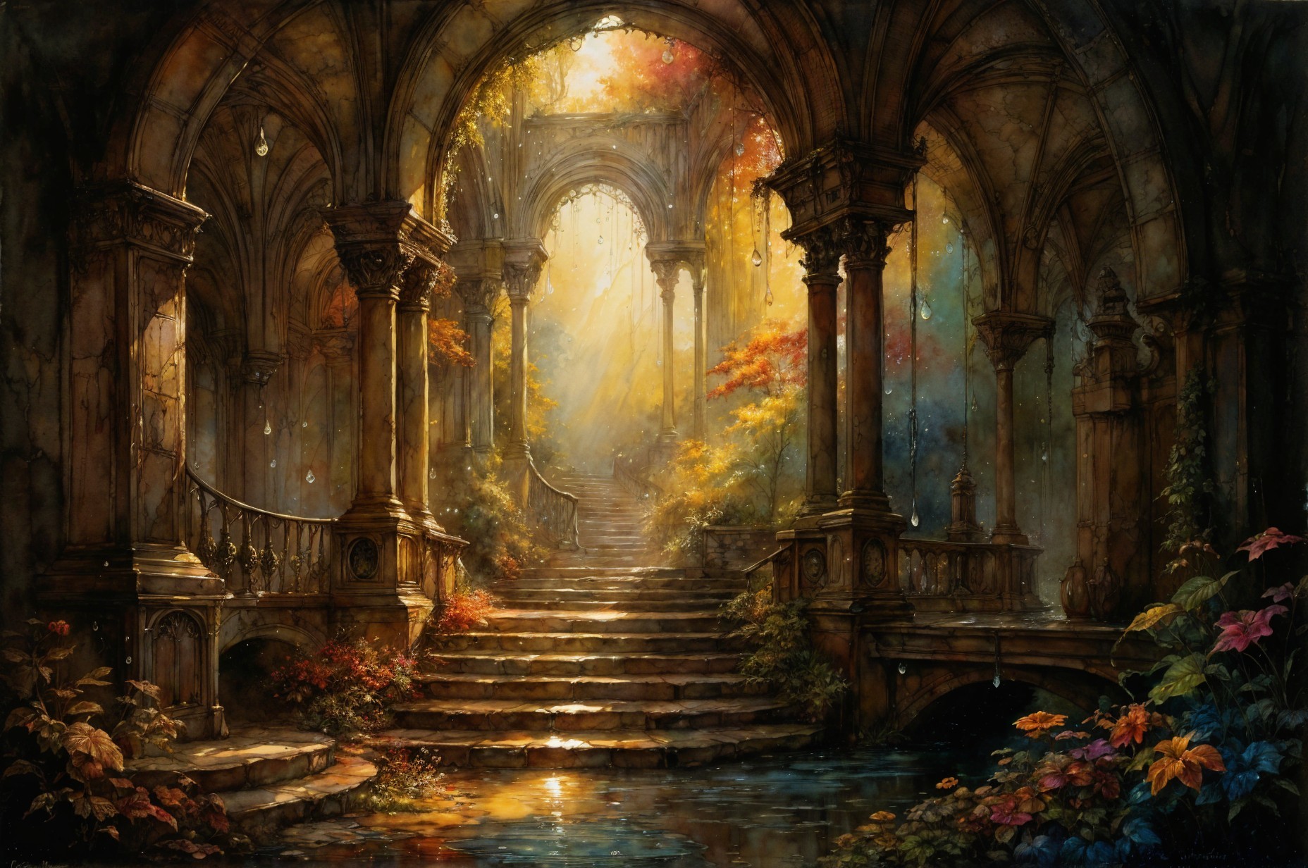 Sunlit Abandoned Architectural Space with Ivy and Garden