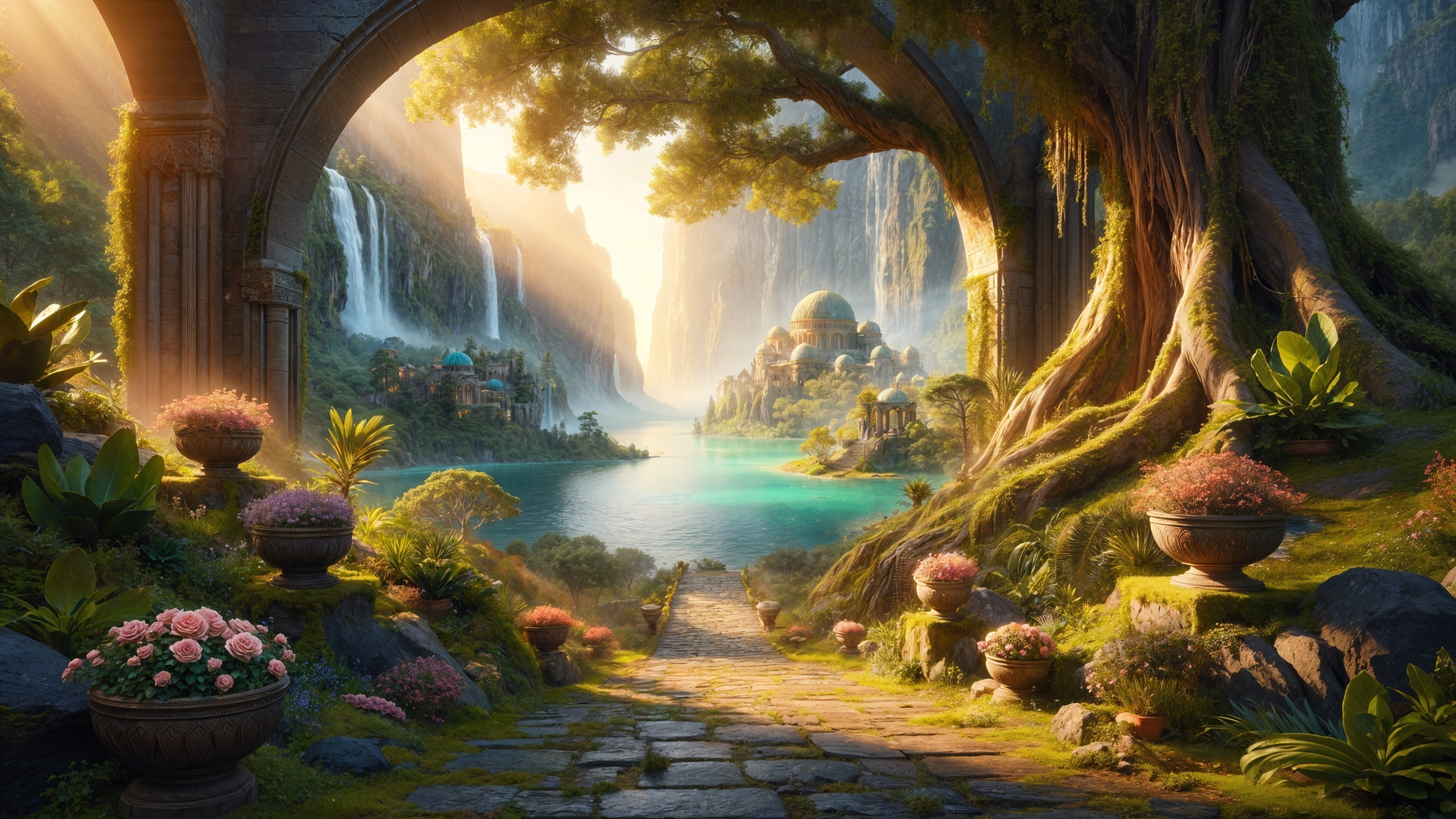 Serene Landscape with Waterfalls and Lush Greenery