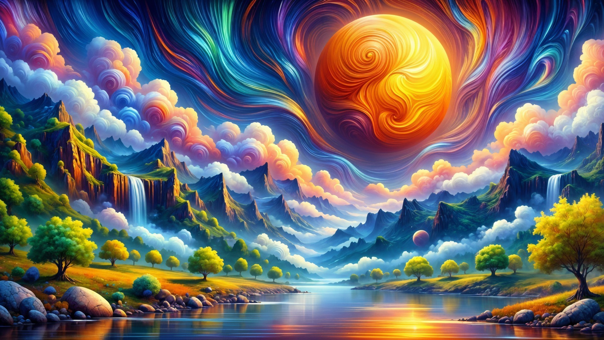 Surreal Landscape with Waterfalls and Colorful Sky
