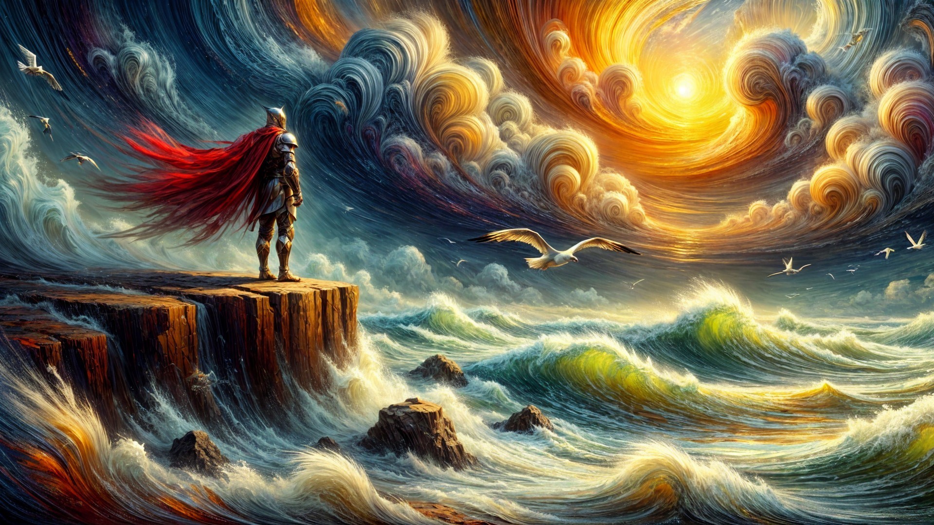Armored Knight Overlooking Sunset on Rocky Cliff