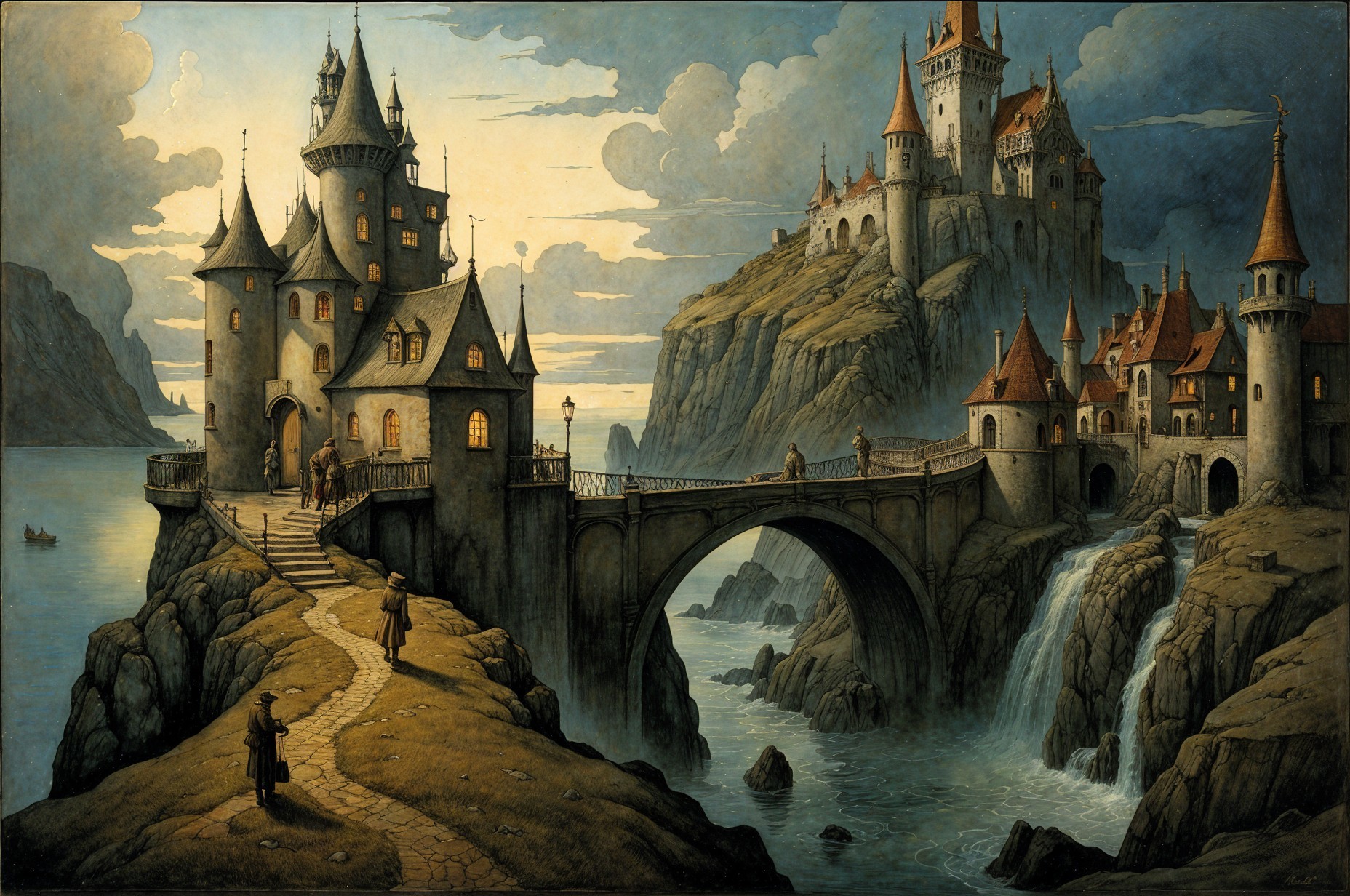 Gothic Castle Landscape with Village and Waterfall