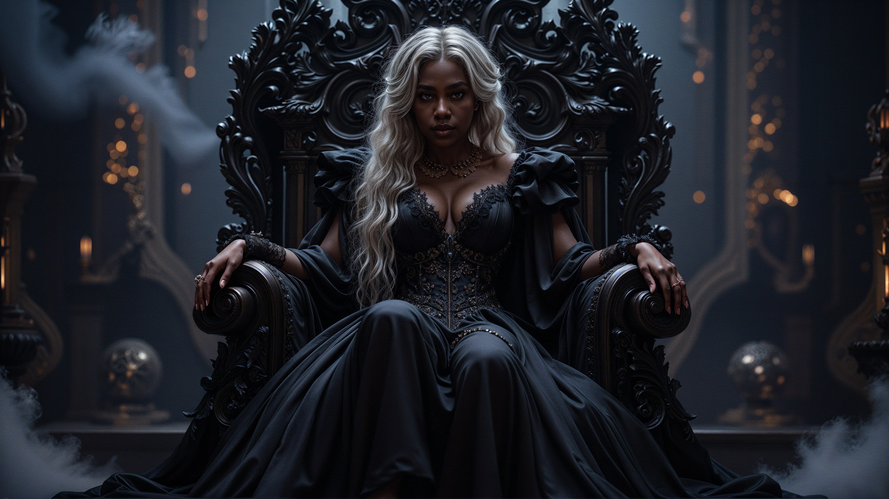 Regal Figure on Ornate Throne in Dark Atmosphere