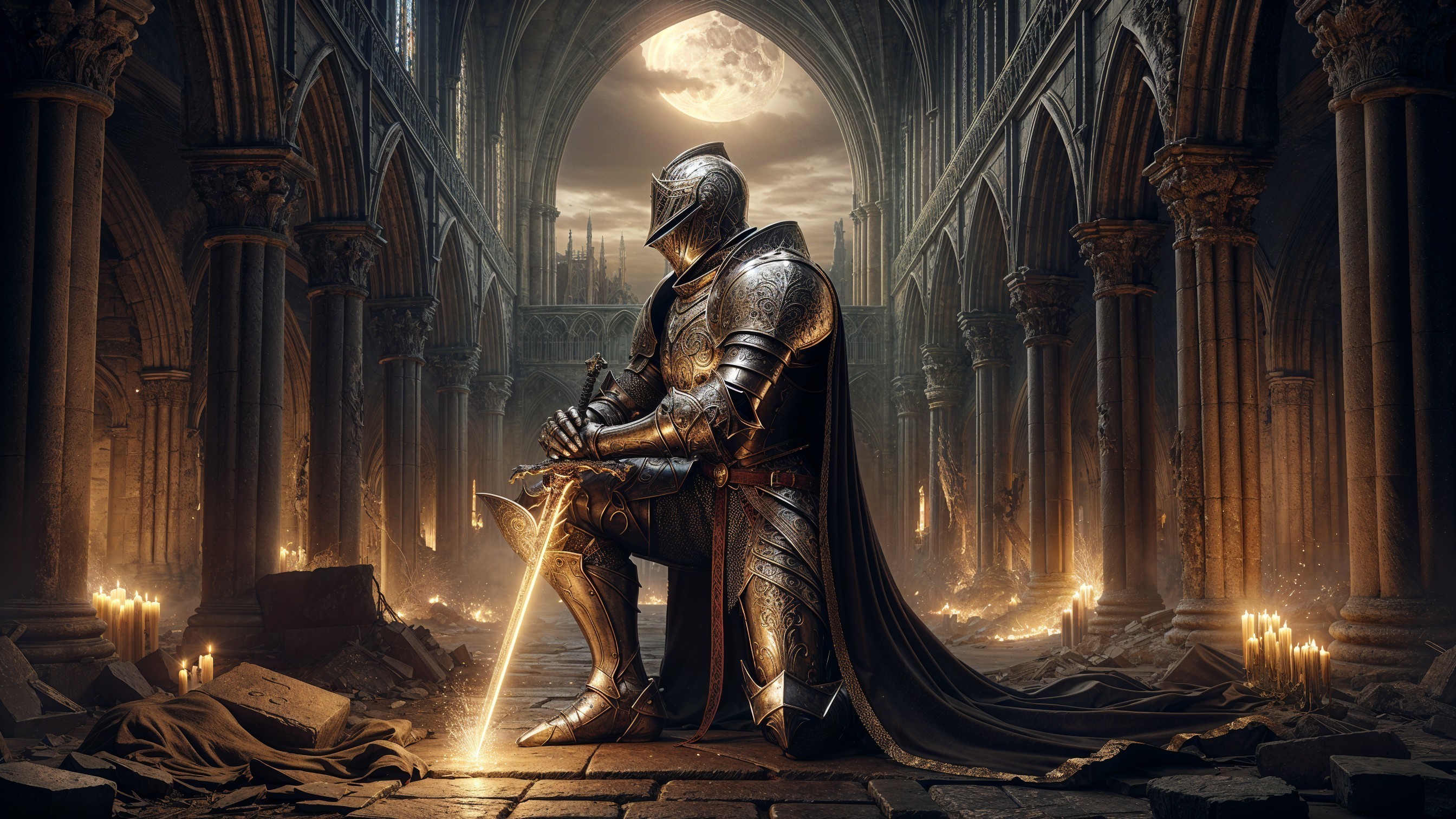 Lone Knight in Ornate Armor in Dimly Lit Cathedral