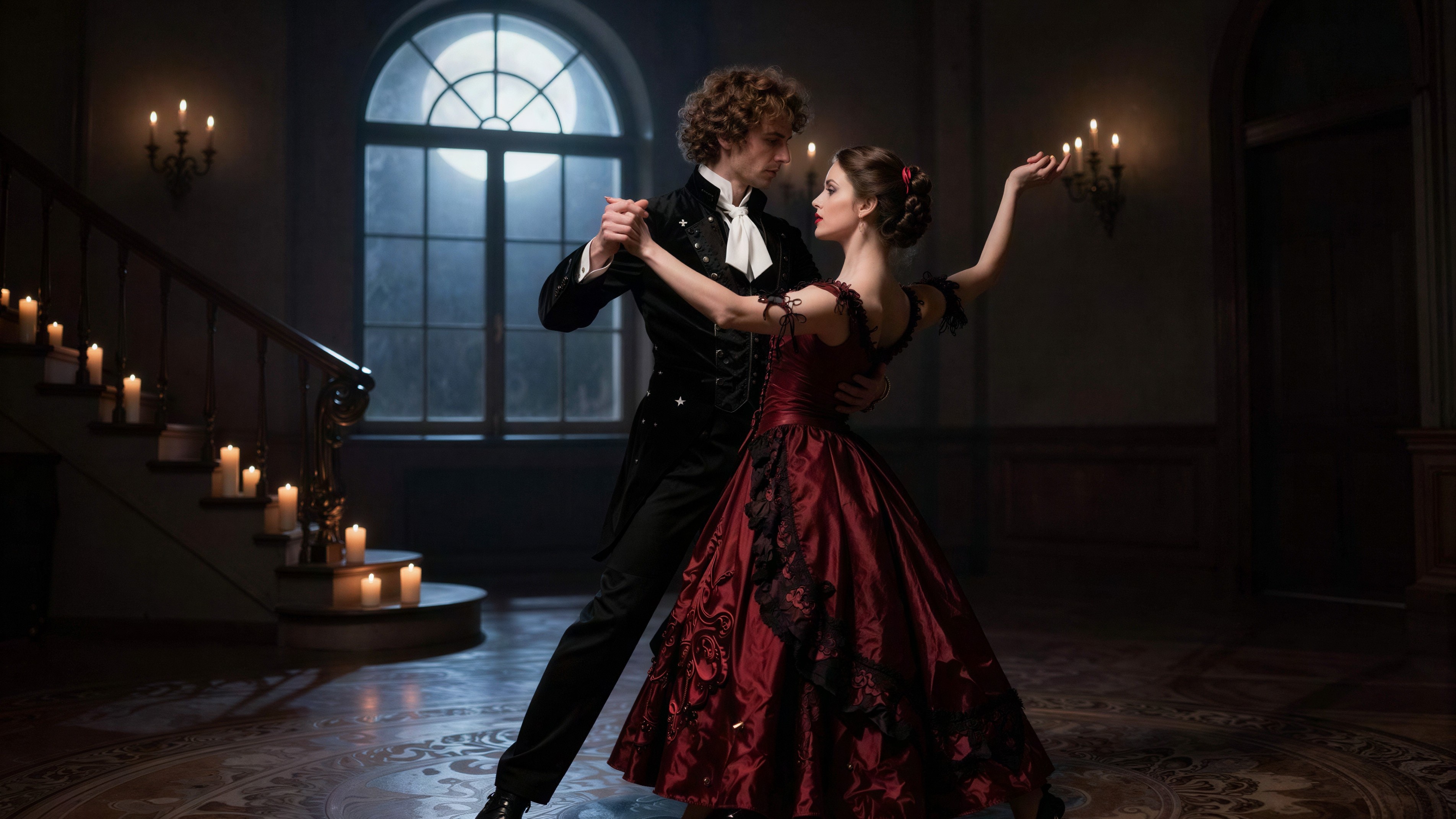 Couple Dancing in Vintage Attire in Candlelit Room