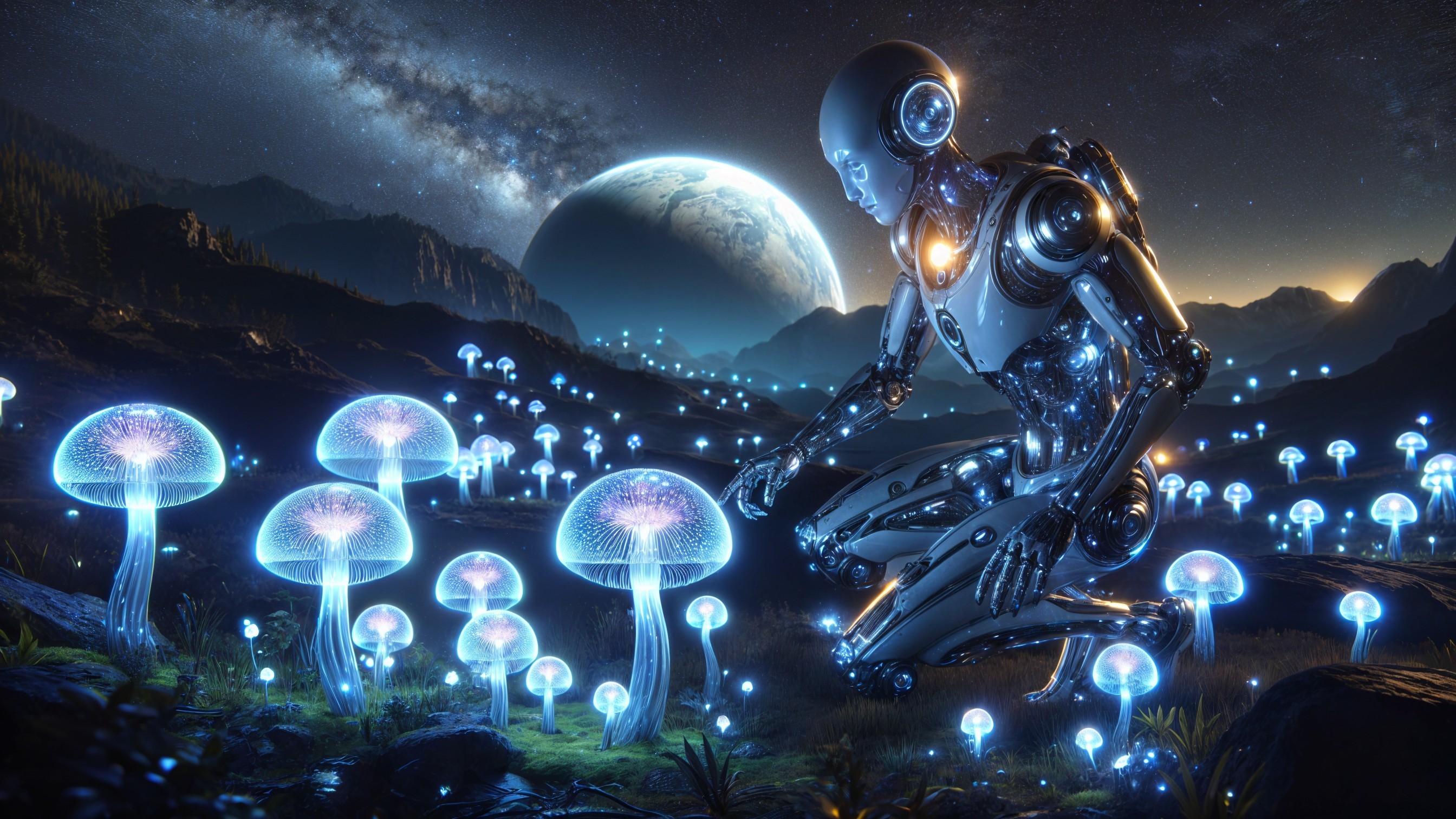 Humanoid Robot Examining Luminous Mushrooms in Alien Landscape