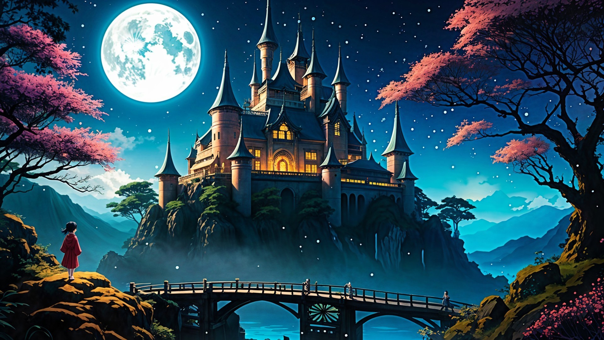 Whimsical Castle Under Moonlit Night Sky