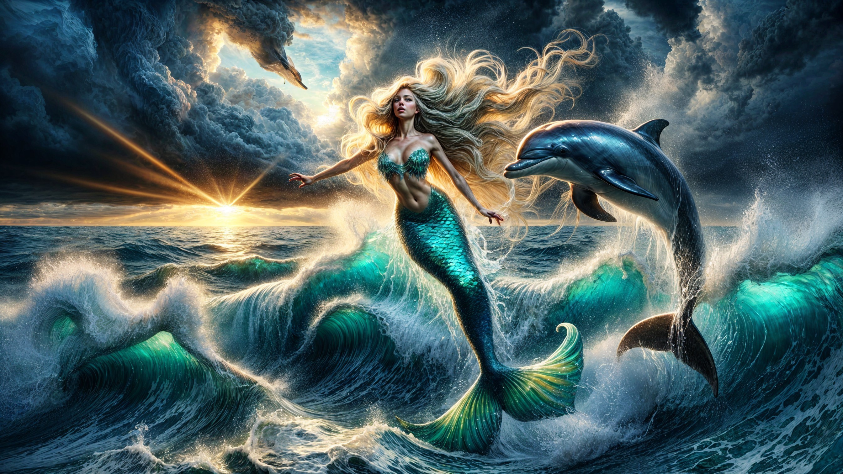 Mermaid with Golden Hair Swimming in Ocean Waves
