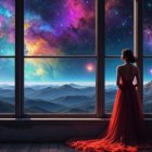 Whimsical Scene of a Woman in a Red Gown by a Window