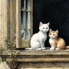 Cats on a weathered windowsill with raindrops and vines