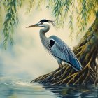 Watercolor Painting of Heron by Serene Water Body