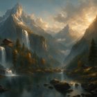 Majestic castle on a hill with serene landscapes and waterfalls