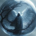 Mysterious Figure by Moonlit Pond with Watercolor Effects