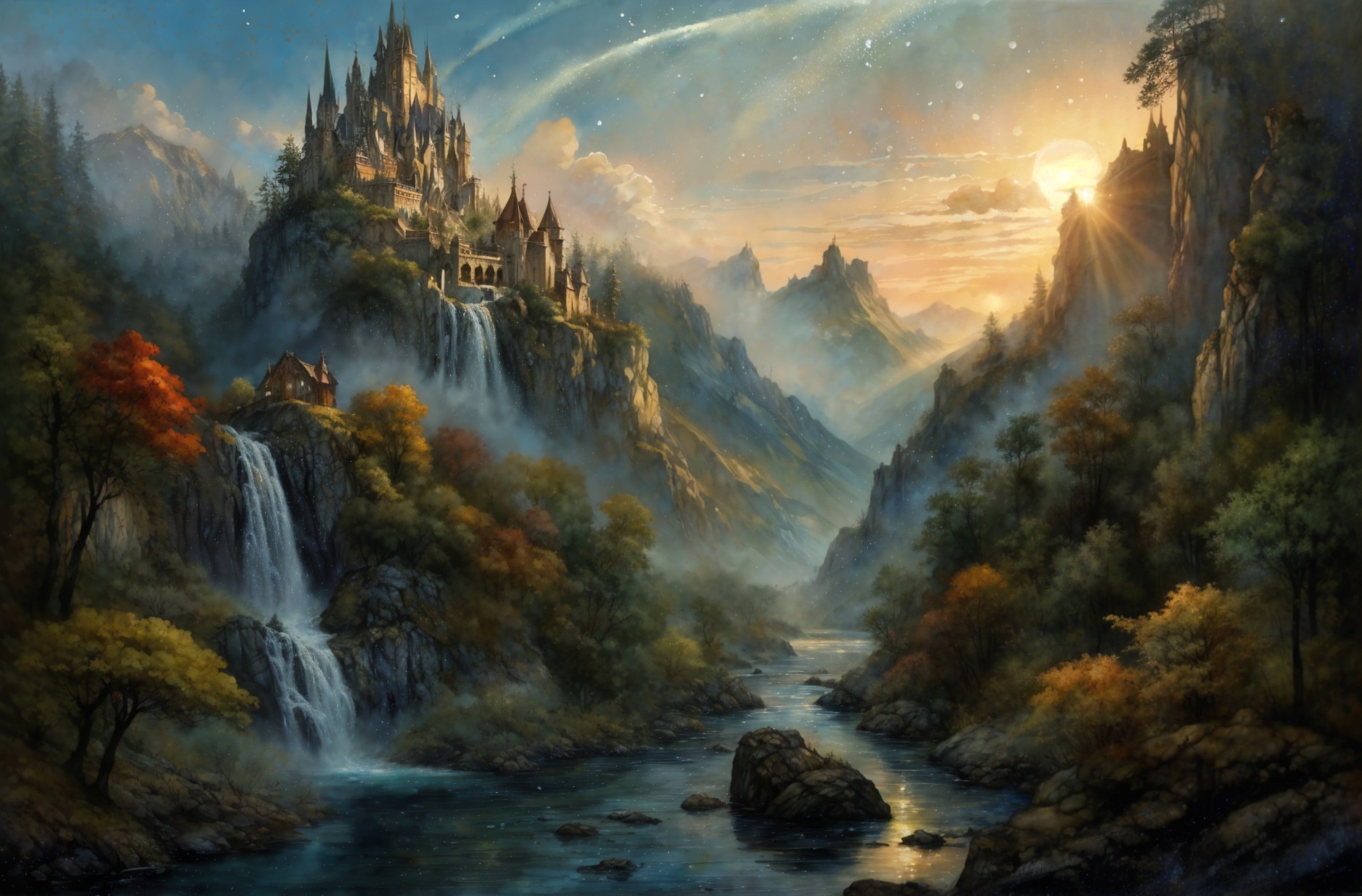 Majestic castle on a hill with serene landscapes and waterfalls